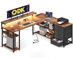 ODK Corner Desk with Drawers, L Shaped Gaming Desk with LED Lights & Power Outlets, Reversible Computer Desks for Home Office Workstation, Office Desks with Monitor Shelf, 155×110 cm, Vintage