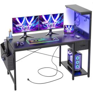 BEXEVUE LED Computer Desk with Power Outlets - 120x50cm Gaming Desk Large Storage Shelf, Reversible Gamer Writing Table with Drawer Side Pocket Bag, 2 Hooks Workstation for Study Play Work Home Office