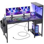 BEXEVUE LED Computer Desk with Power Outlets - 120x50cm Gaming Desk Large Storage Shelf, Reversible Gamer Writing Table with Drawer Side Pocket Bag, 2 Hooks Workstation for Study Play Work Home Office