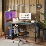 BEXEVUE LED Computer Desk with Power Outlets - 120x50cm Gaming Desk Large Storage Shelf, Reversible Gamer Writing Table with Drawer Side Pocket Bag, 2 Hooks Workstation for Study Play Work Home Office