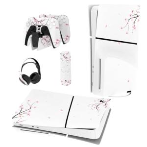 playvital Full Set Skin Sticker for ps5 Slim Console Disc Edition (The New Smaller Design), Vinyl Skin Decal for ps5 Controller & Headset & Charging Station & Media Remote - Falling Cherry Blossom