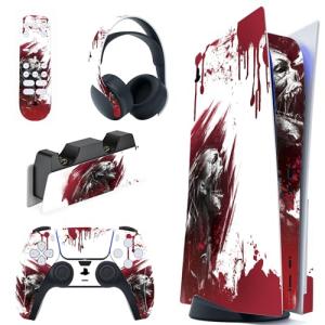 playvital Blood Zombie Full Set Skin Decal for PS5 Console Disc Edition, Sticker Vinyl Decal Cover for PS5 Controller & Charging Station & Headset & Media Remote