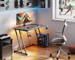 ODK Gaming Desk with LED Lights, Gaming Table with Cup Holder and Headphone Hook, Double Z Frame Design Computer Desk Carbon Fiber Black 80 cm
