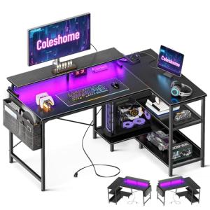 Coleshome L Shaped Gaming Desk with LED Lights, 120 × 80 cm Computer Desk with Power Outlet, Reversible Corner Gaming Table with Storage Shelves & Monitor Stand, Black