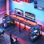 Coleshome L Shaped Gaming Desk with LED Lights, 120 × 80 cm Computer Desk with Power Outlet, Reversible Corner Gaming Table with Storage Shelves & Monitor Stand, Black