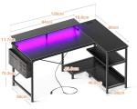 Coleshome L Shaped Gaming Desk with LED Lights, 120 × 80 cm Computer Desk with Power Outlet, Reversible Corner Gaming Table with Storage Shelves & Monitor Stand, Black