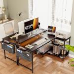 Coleshome L Shaped Gaming Desk with LED Lights, 120 × 80 cm Computer Desk with Power Outlet, Reversible Corner Gaming Table with Storage Shelves & Monitor Stand, Black