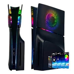 Faceplate for PS5 Side Shell Plates PlayStation 5 Slim Disc Edition Console Replacement Accessory Case Cover Black Plate Anti-Scratch Dust Cover Skin Protector (Black with LEDs Slim Disc Edition)