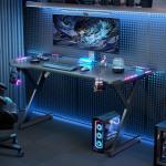 DLONGONE Gaming Desk with LED Lights, Whole Board RGB Gaming Table, Gamer Desk with Cup Holder and Headphone Hook, Computer Desk 100 x 60 cm, Black