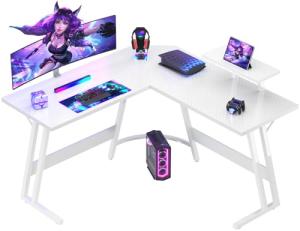 Devoko L Shaped Gaming Desk 120x120x75cm With Removable Monitor Stand, Corner Computer Desk Large PC Writing Table for Home and Office,Easy to Assemble, Carbon Fibre White