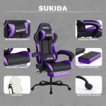 SUKIDA Gaming Chair, Ergonomic Computer Chairs with Footrest, Comfy Office Chair with Headrest, Massage Gaming Chair for Adult, Height Adjustable Pc Chair, 360° Swivel