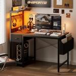 Grandder Gaming Desk 120cm with Power Outlet and LED Light, Computer Desk with Reversible Shelves and Storage Drawer, Pc Small Desk for Home Office Table with Bag, Carbon Fiber Black