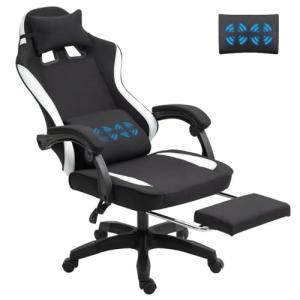 Fabric Massage Gaming Chair, Ergonomic Computer Chair, Video Game Chair, Massage Office Chair, Desk Swivel Chair, Adjustable, Reclining, Footrest, Massage Cushion, Fabric Material, Black, New