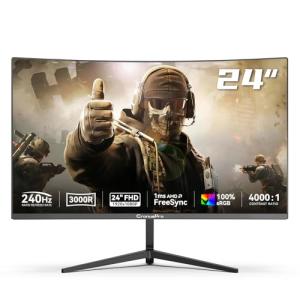 CronusPro 24 Inch 240Hz Curved Gaming Monitor, FHD 1920 x 1080, 1ms MPRT, 3000R, VA Panel, 16:9, AMD FreeSync, HDMI/DisplayPort, VESA, sRGB 100%, HDR, Eye Care, PC Monitor for Gaming Office Black
