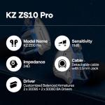 Linsoul KZ ZS10 Pro, 4BA+1DD 5 Driver in Ear Monitor, HiFi Wired Earbuds, Gaming Earbuds, Hybrid IEM Earphones with Stainless Steel Faceplate, Recessed 2 Pin Detachable Cable(Without Mic, Blue)