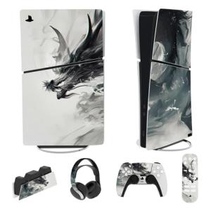 playvital Full Set Skin Sticker for ps5 Slim Console Digital Edition (The New Smaller Design), Vinyl Skin for ps5 Controller & Headset & Charging Station & Media Remote - Ink Spirit Dragon