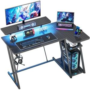 HOMIDEC Gaming Desk with LED Lights, 100CM Computer Desk with Monitor Stand, L Shaped Corner Desk with Headphone Hook and Shelves for Gaming Room, Bedroom, Office, Black