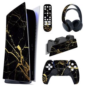 playvital Black & Gold Marble Effect Full Set Skin Decal for ps5 Console Digital Edition, Sticker Vinyl Decal Cover for ps5 Controller & Charging Station & Headset & Media Remote