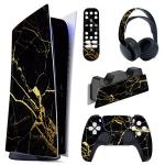 playvital Black & Gold Marble Effect Full Set Skin Decal for ps5 Console Digital Edition, Sticker Vinyl Decal Cover for ps5 Controller & Charging Station & Headset & Media Remote