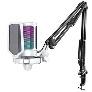 FIFINE Gaming Mic Kit Bundle, PC USB Computer Condenser Microphone Set with Quick Mute, Arm Stand, for PS4/PS5/MAC-A6T White