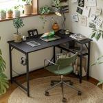 DOMSHOCT L Shaped Gaming Desk with Power Outlets, 100x70cm Small Corner Computer Table with Large Reversible Storage Shelves, Home Office PC Workstation with Hooks for Writing Study, Black