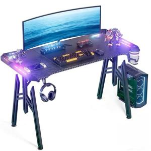 SAILUN Gaming Desk with LED Lights M-Frame Computer Desk 120cm Gaming Table with Cup Holder and Headphone Hook PC Desk for Gaming Room, Bedroom, Office, Small Space, Black