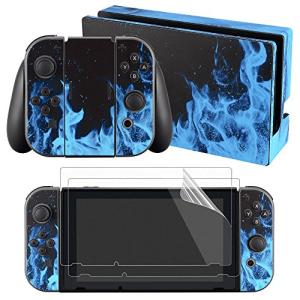 eXtremeRate Full Set Faceplate Skin Decal Stickers for Nintendo Switch with 2Pcs Screen Protector (Console & joy con & Dock & Grip) - Blue Flame