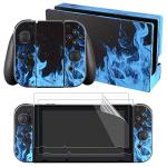 eXtremeRate Full Set Faceplate Skin Decal Stickers for Nintendo Switch with 2Pcs Screen Protector (Console & joy con & Dock & Grip) - Blue Flame