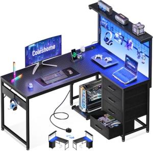 Coleshome L Shaped Gaming Desk with Drawers & Shelf, 110 × 80 cm Reversible Corner Computer Desk with LED Lights & Power Outlets, Gaming Table with Hook, Carbon Fiber Black