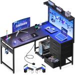 Coleshome L Shaped Gaming Desk with Drawers & Shelf, 110 × 80 cm Reversible Corner Computer Desk with LED Lights & Power Outlets, Gaming Table with Hook, Carbon Fiber Black