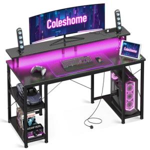 Coleshome Gaming Desk with LED Lights, 120x50 cm Computer desk with Power Outlets, Gaming PC Table with Monitor Stand, Storage Shelves, CPU Stand, Carbon Fiber Black