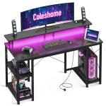 Coleshome Gaming Desk with LED Lights, 120x50 cm Computer desk with Power Outlets, Gaming PC Table with Monitor Stand, Storage Shelves, CPU Stand, Carbon Fiber Black