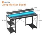 Coleshome Gaming Desk with LED Lights, 120x50 cm Computer desk with Power Outlets, Gaming PC Table with Monitor Stand, Storage Shelves, CPU Stand, Carbon Fiber Black