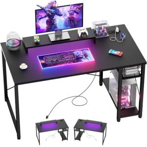 iSunirm Gaming Desk with LED Lights & Power Outlet, Reversible Computer Desk with Moveable Monitor Stand, 100x75x50CM Office Desk with USB Charging Station for Home, Bedroom, Study, Black