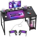 iSunirm Gaming Desk with LED Lights & Power Outlet, Reversible Computer Desk with Moveable Monitor Stand, 100x75x50CM Office Desk with USB Charging Station for Home, Bedroom, Study, Black