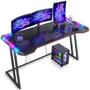 CubiCubi Gaming Desk with LED Lights, 160 x 60cm RGB Computer Desk Z Shape, Gaming Table for Home Office, Black