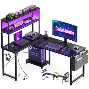 Coleshome L Shaped Gaming Desk with LED Lights & Power Outlet, 110 × 80 cm Reversible Computer Desk with Shelves, Corner Desks with Storage Bag & Hook for Home Office, Black