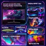 Amzfast 34-Inch Curved Gaming Monitor, 3440x1440 WUQHD, 240Hz, 1ms MPRT, Fast VA Curved Screen, 1500R, Adaptive Sync, HDR, sRGB 130%, 3000:1 Contrast, HDMI2.1&DP1.4, VESA Mount, PIP/PBP, AMZG34C5QPro