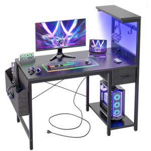 BEXEVUE LED Computer Desk with Power Outlets - 100x50cm Gaming Desk Large Storage Shelf, Reversible Gamer Writing Table with Drawer Side Pocket Bag, 2 Hooks Workstation for Study Play Work Home Office
