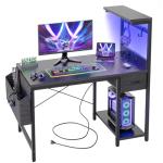 BEXEVUE LED Computer Desk with Power Outlets - 100x50cm Gaming Desk Large Storage Shelf, Reversible Gamer Writing Table with Drawer Side Pocket Bag, 2 Hooks Workstation for Study Play Work Home Office