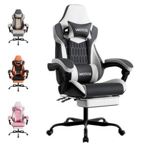 Gaming Chair, Ergonomic Gaming Chair with Footrest and Lumbar Support, Computer Chairs, Height Adjustable Computer Racing Gamer Chairs for Gaming or Office, Black White