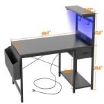 BEXEVUE LED Computer Desk with Power Outlets - 100x50cm Gaming Desk Large Storage Shelf, Reversible Gamer Writing Table with Drawer Side Pocket Bag, 2 Hooks Workstation for Study Play Work Home Office