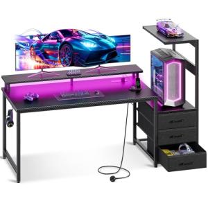 Coleshome 150×50 cm Gaming Desk with LED Lights & Power Outlet, Reversible Computer Desk with Drawers, Gaming Table with Storage & Monitor Stand, Carbon Fiber Black