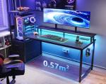 Coleshome 150×50 cm Gaming Desk with LED Lights & Power Outlet, Reversible Computer Desk with Drawers, Gaming Table with Storage & Monitor Stand, Carbon Fiber Black