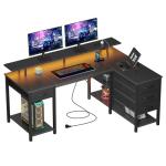 Seventable 140cm L Shaped Gaming Desk with LED Lights, USB Ports, Power Outlets, Monitor Stand & Storage Drawers(Reversible Design) – Corner Computer Desk for Bedroom or Home Office, Black