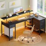 Seventable 140cm L Shaped Gaming Desk with LED Lights, USB Ports, Power Outlets, Monitor Stand & Storage Drawers(Reversible Design) – Corner Computer Desk for Bedroom or Home Office, Black