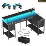 Seventable 140cm L Shaped Gaming Desk with LED Lights, USB Ports, Power Outlets, Monitor Stand & Storage Drawers(Reversible Design) – Corner Computer Desk for Bedroom or Home Office, Black