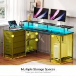 Seventable 140cm L Shaped Gaming Desk with LED Lights, USB Ports, Power Outlets, Monitor Stand & Storage Drawers(Reversible Design) – Corner Computer Desk for Bedroom or Home Office, Black