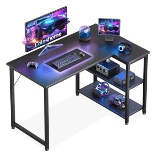 Coleshome L Shaped Gaming Desk, 100x70 cm Computer Desk, Corner Office Desk with Reversible Storage Shelves, Writing Study Table for Work Play Home Office, Black