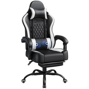 Yaheetech Gaming Chair, Ergonomic Racing Gaming Chair with Massage Lumbar Pillow, High-Back Office Chair with Slide-Out Footrest and Padded Linkage Armrests for Adults (Black/White)